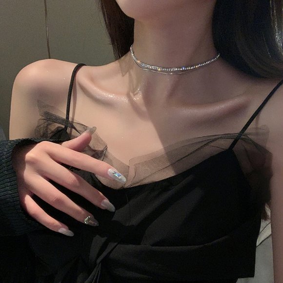 NEW Silver Round Diamond Thin Snake Chain Double Layer Necklace - Picture 5 of 7